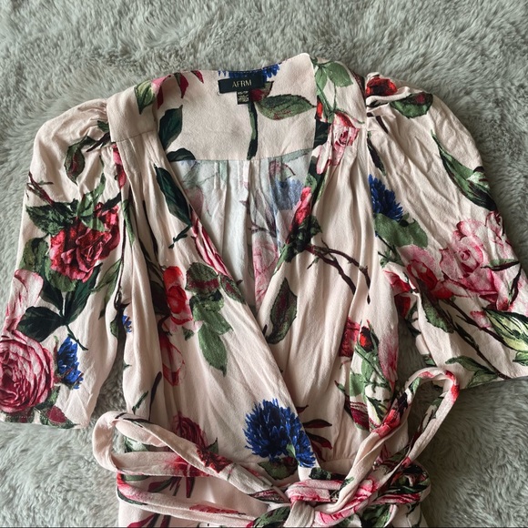 AFRM Floral Wrap Tie Dress beach coverup XS puff shoulder pink rose - Picture 6 of 17